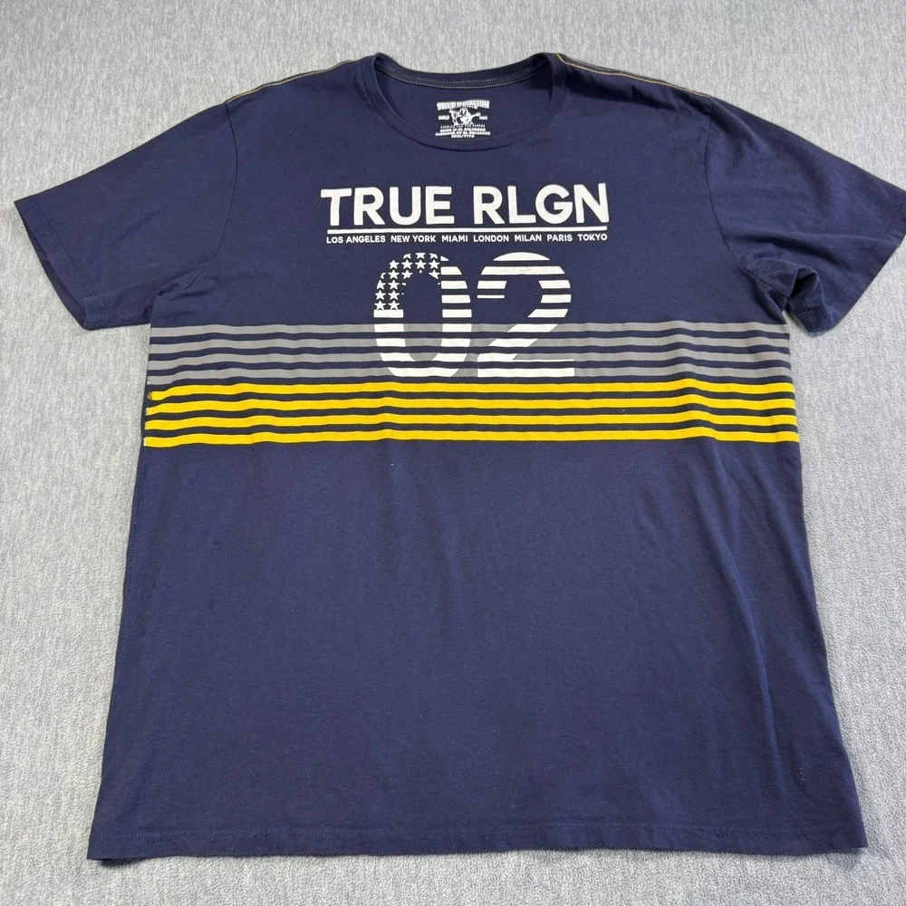 True Religion Shirt Mens 3XL Blue Stripe Graphic Short Sleeve Buddha Crew Neck T